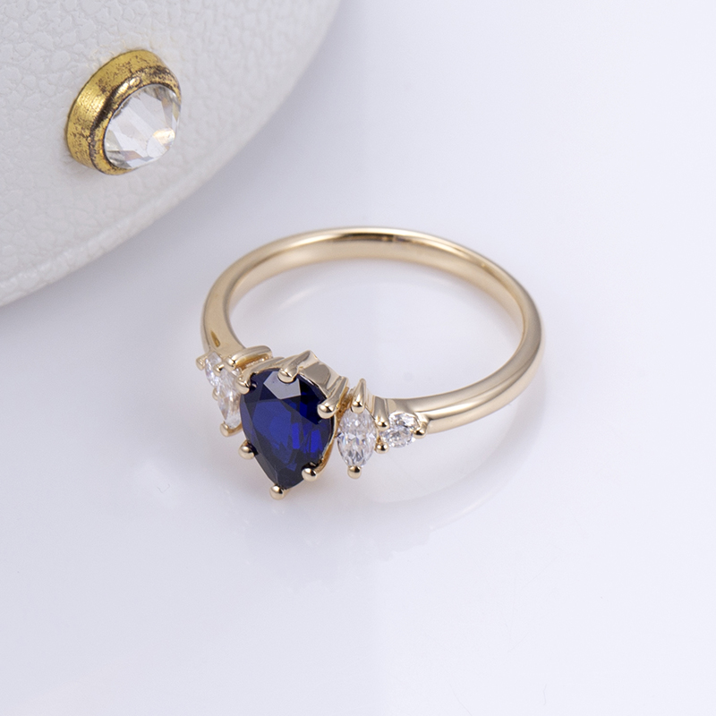 18K Gold Pear Cut Deep Blue Lab Grown Diamond Engagement Ring with Oval Side Stones