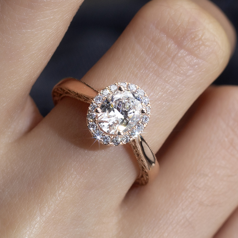 18K Rose Gold Oval Cut Lab Grown Diamond Engagement Ring with Halo Setting & IGI Certificate