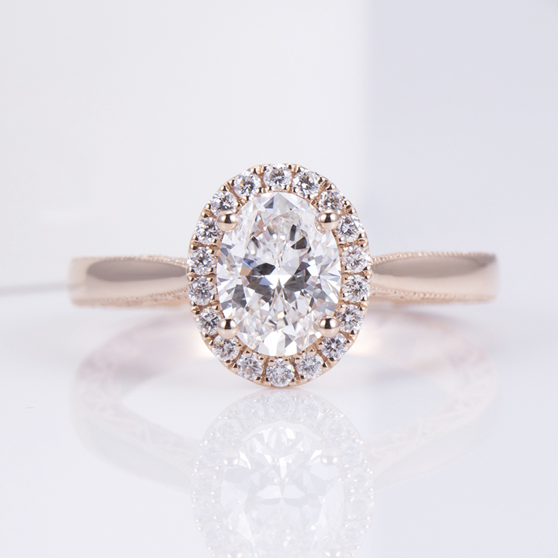 18K Rose Gold Oval Cut Lab Grown Diamond Engagement Ring with Halo Setting & IGI Certificate
