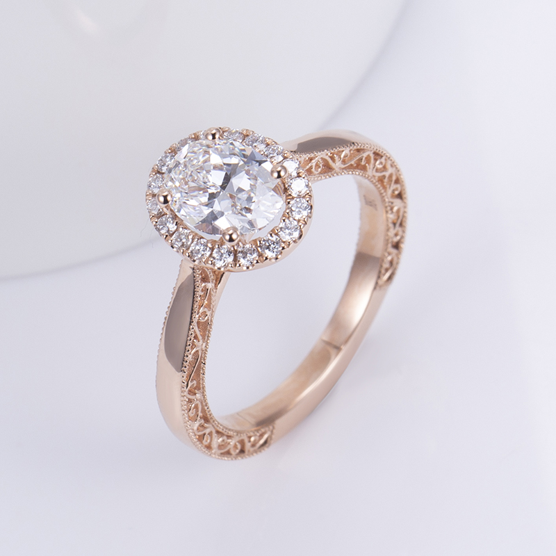 18K Rose Gold Oval Cut Lab Grown Diamond Engagement Ring with Halo Setting & IGI Certificate