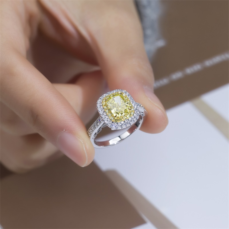 18K White Gold Emerald-Cut Yellow Diamond Halo Ring | Micropavé Setting | Wholesale Engagement Gift