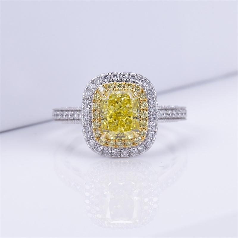 18K White Gold Emerald-Cut Yellow Diamond Halo Ring | Micropavé Setting | Wholesale Engagement Gift