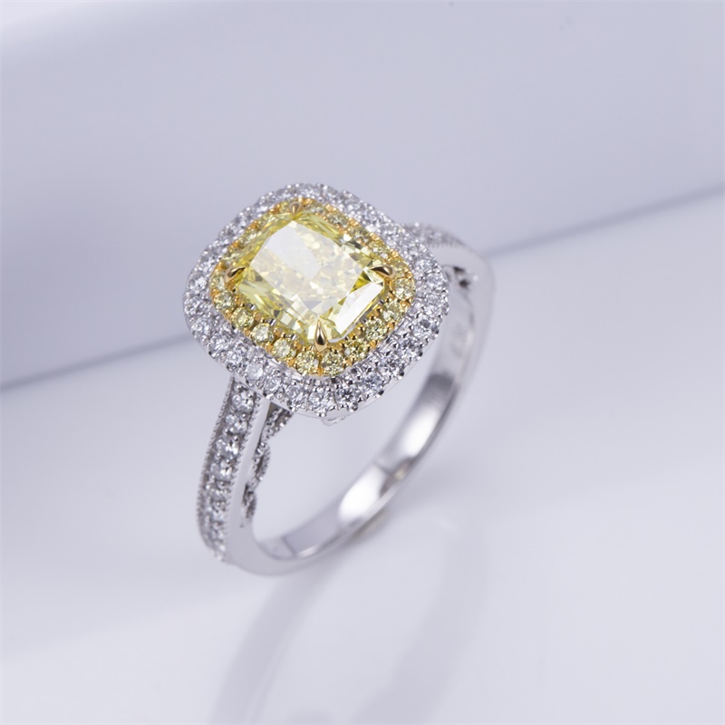 18K White Gold Emerald-Cut Yellow Diamond Halo Ring | Micropavé Setting | Wholesale Engagement Gift