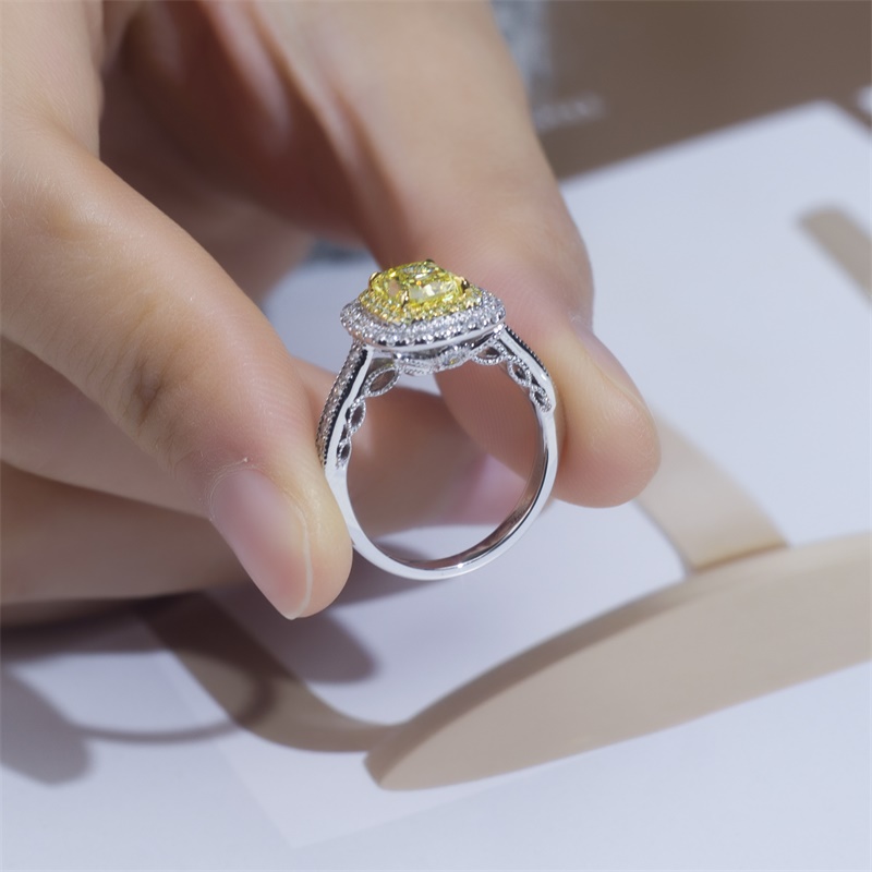 18K White Gold Emerald-Cut Yellow Diamond Halo Ring | Micropavé Setting | Wholesale Engagement Gift