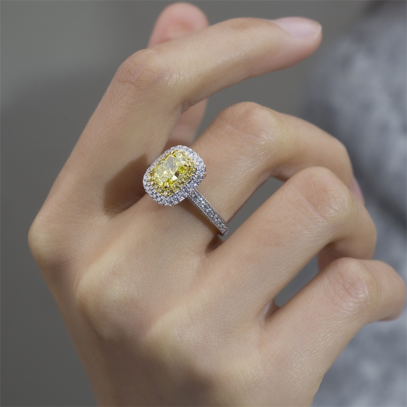 18K White Gold Emerald-Cut Yellow Diamond Halo Ring | Micropavé Setting | Wholesale Engagement Gift