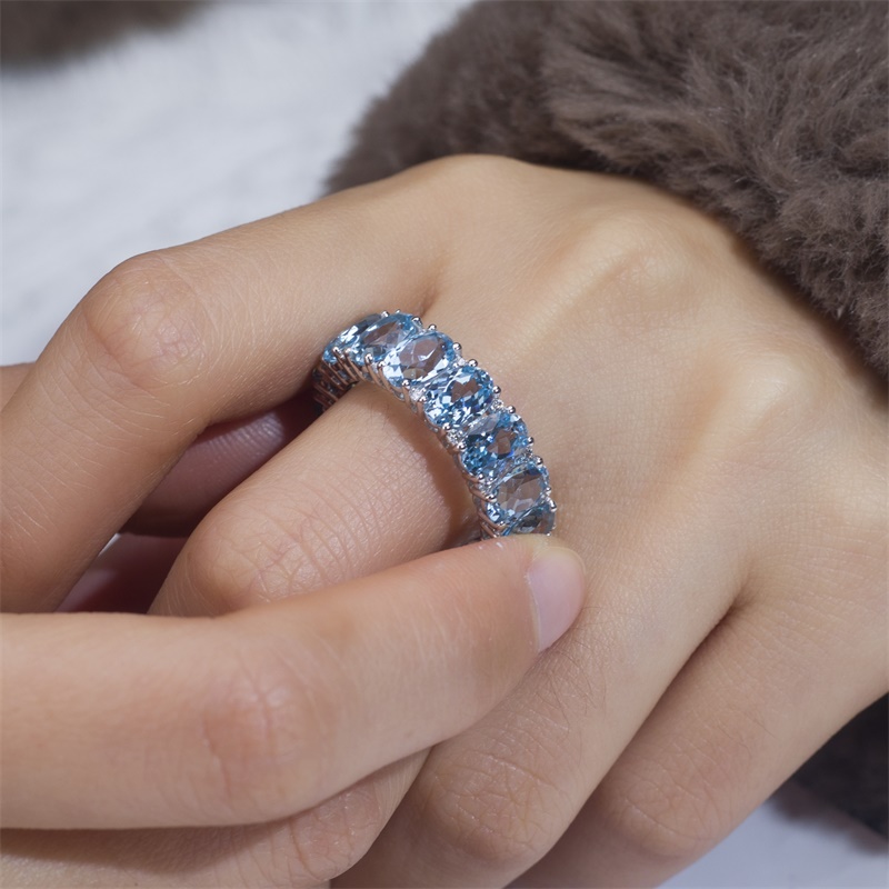 18K White Gold Oval Blue Sapphire Halo Diamond Ring | Micropavé Setting | Engagement Gift Wholesale