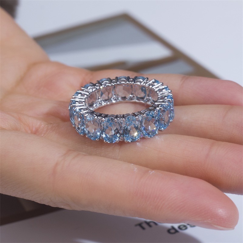 18K White Gold Oval Blue Sapphire Halo Diamond Ring | Micropavé Setting | Engagement Gift Wholesale