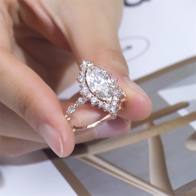 18K Rose Gold Lab-Grown Marquise Diamond Halo Engagement Ring for Women VVS Clarity, Ideal Cut