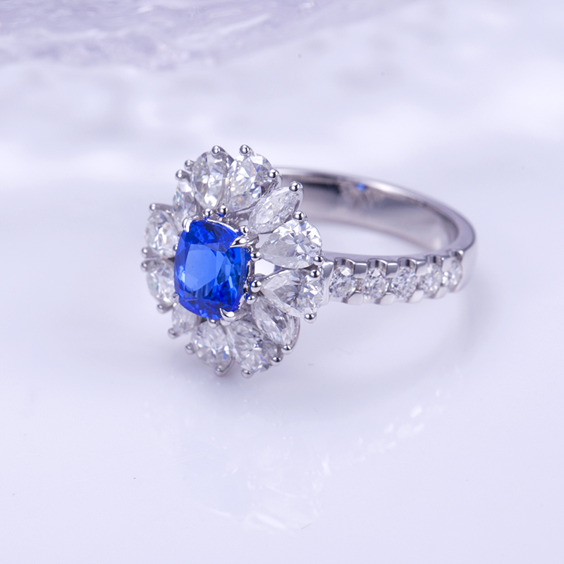 18K White Gold Lab-Grown Cushion Blue Diamond Halo Ring with Pear Side Stones VVS Clarity, Ideal Cut