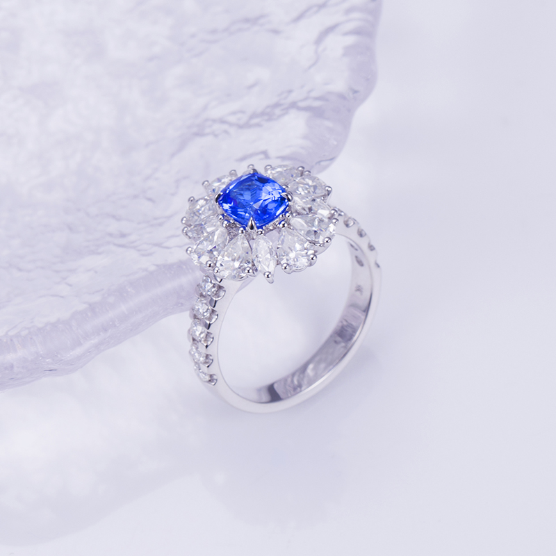 18K White Gold Lab-Grown Cushion Blue Diamond Halo Ring with Pear Side Stones VVS Clarity, Ideal Cut
