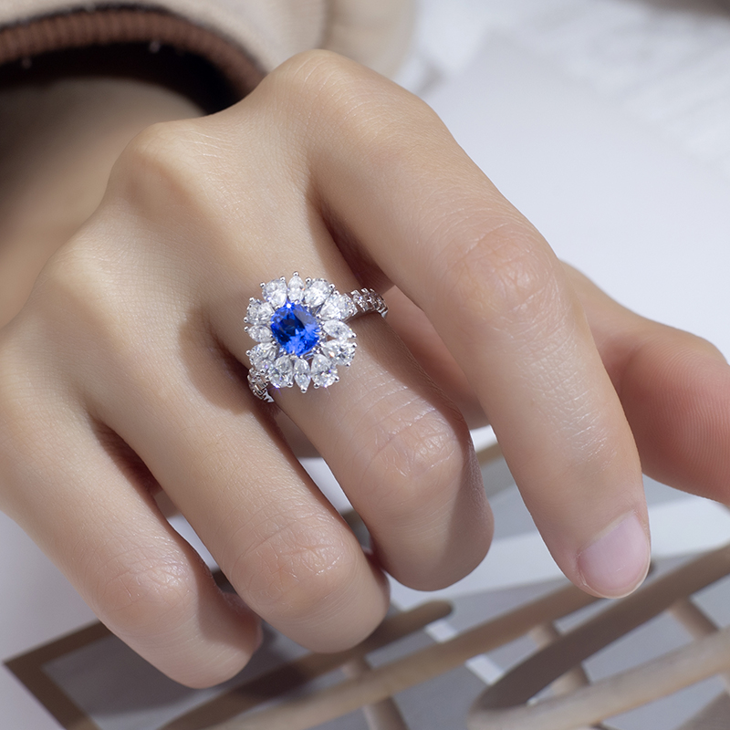18K White Gold Lab-Grown Cushion Blue Diamond Halo Ring with Pear Side Stones VVS Clarity, Ideal Cut