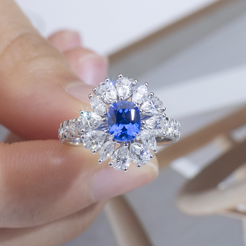 18K White Gold Lab-Grown Cushion Blue Diamond Halo Ring with Pear Side Stones VVS Clarity, Ideal Cut