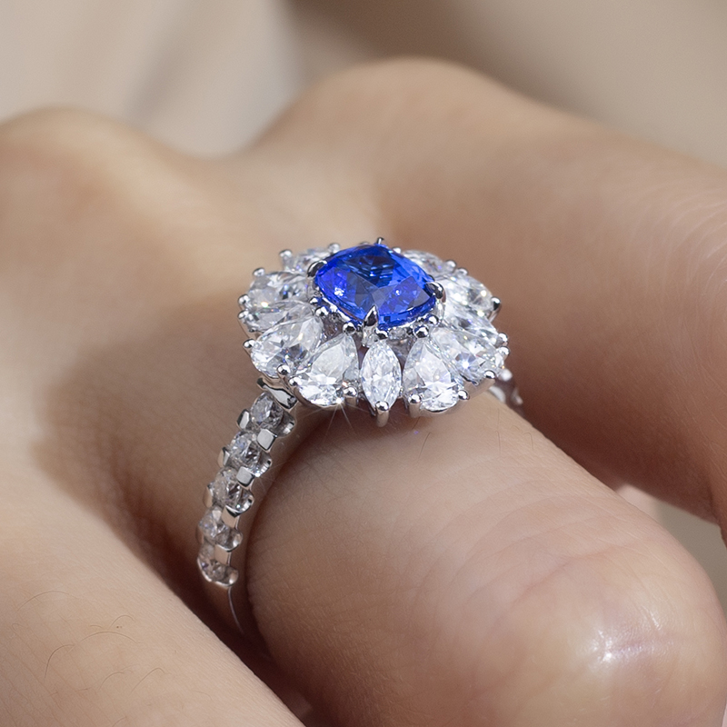 18K White Gold Lab-Grown Cushion Blue Diamond Halo Ring with Pear Side Stones VVS Clarity, Ideal Cut