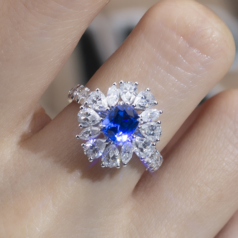 18K White Gold Lab-Grown Cushion Blue Diamond Halo Ring with Pear Side Stones VVS Clarity, Ideal Cut