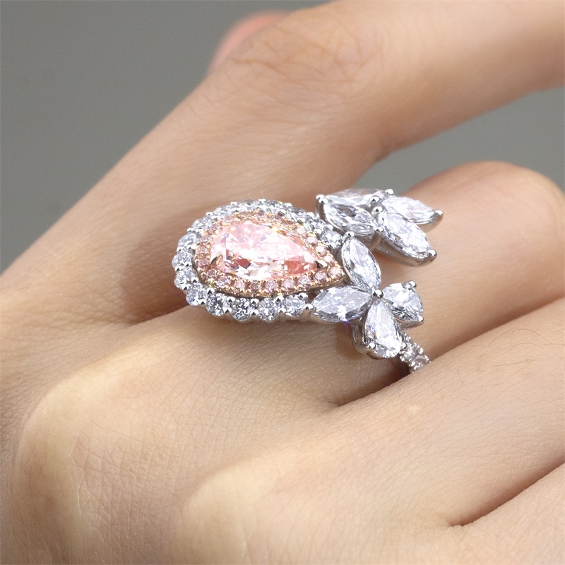 18K Gold Lab-Grown Pink Diamond Pear Halo Engagement Ring for Women VVS Clarity, Excellent Cut