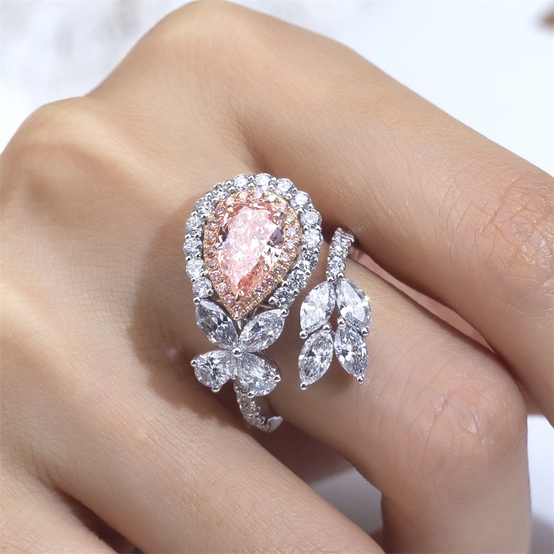 18K Gold Lab-Grown Pink Diamond Pear Halo Engagement Ring for Women VVS Clarity, Excellent Cut