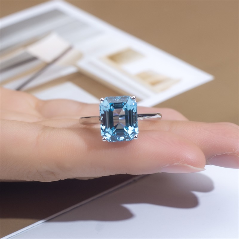 18K White Gold Emerald Cut Lab-Grown Fancy Blue Diamond Solitaire Engagement Ring for Women VVS Clarity, Excellent Polish