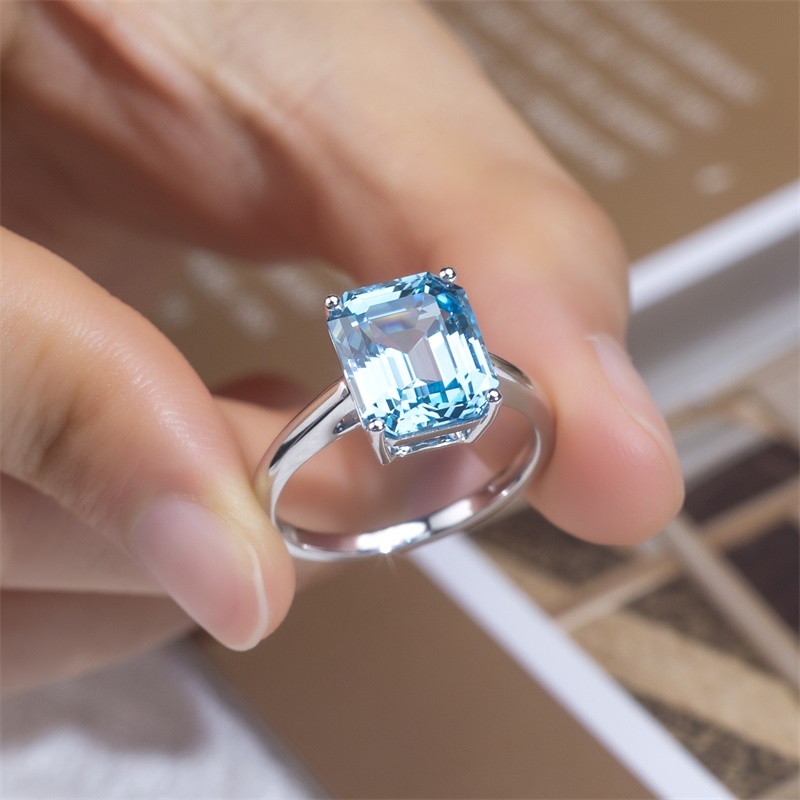 18K White Gold Emerald Cut Lab-Grown Fancy Blue Diamond Solitaire Engagement Ring for Women VVS Clarity, Excellent Polish