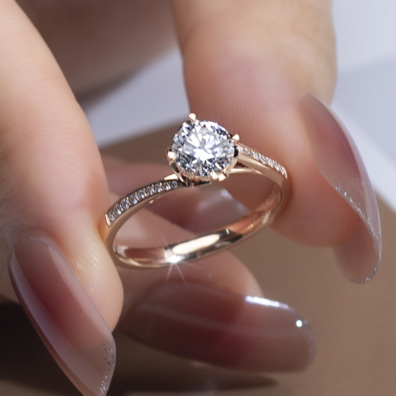 18K Rose Gold Round Lab-Grown Diamond Four-Prong Engagement Ring for Women VS Clarity, Ideal Cut