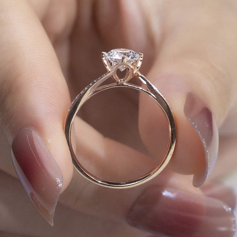 18K Rose Gold Round Lab-Grown Diamond Four-Prong Engagement Ring for Women VS Clarity, Ideal Cut
