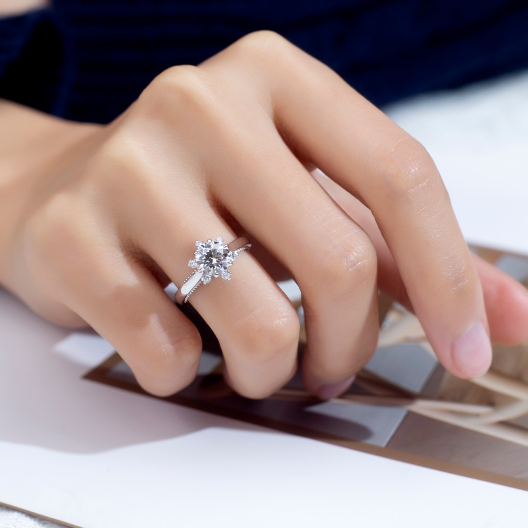 18K Gold Lab-Grown Diamond Six-Prong Engagement Ring with Round Side Stones VVS Clarity, Ideal Cut for Bride