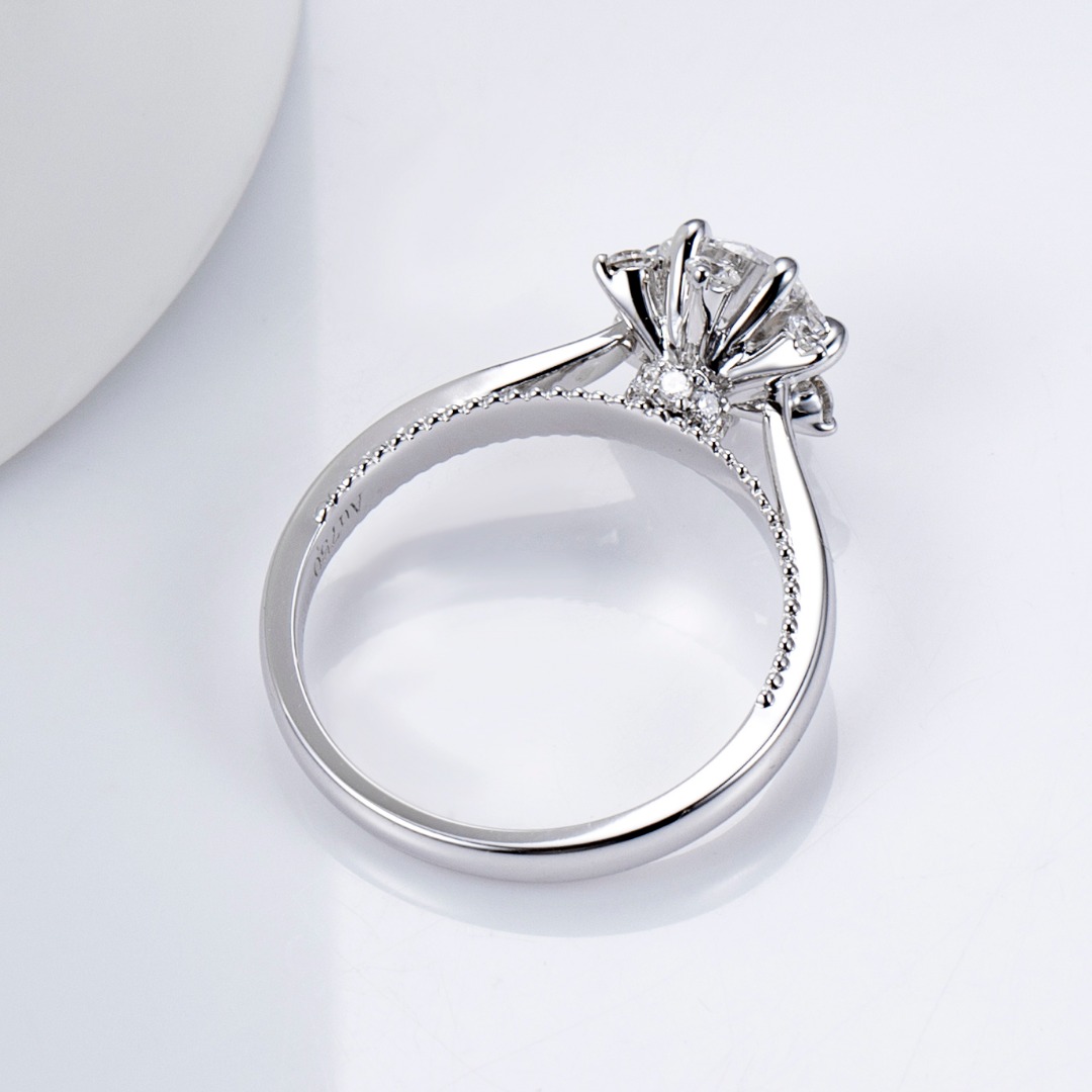18K Gold Lab-Grown Diamond Six-Prong Engagement Ring with Round Side Stones VVS Clarity, Ideal Cut for Bride