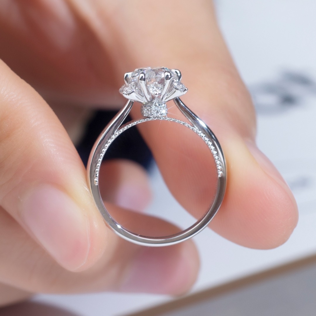18K Gold Lab-Grown Diamond Six-Prong Engagement Ring with Round Side Stones VVS Clarity, Ideal Cut for Bride