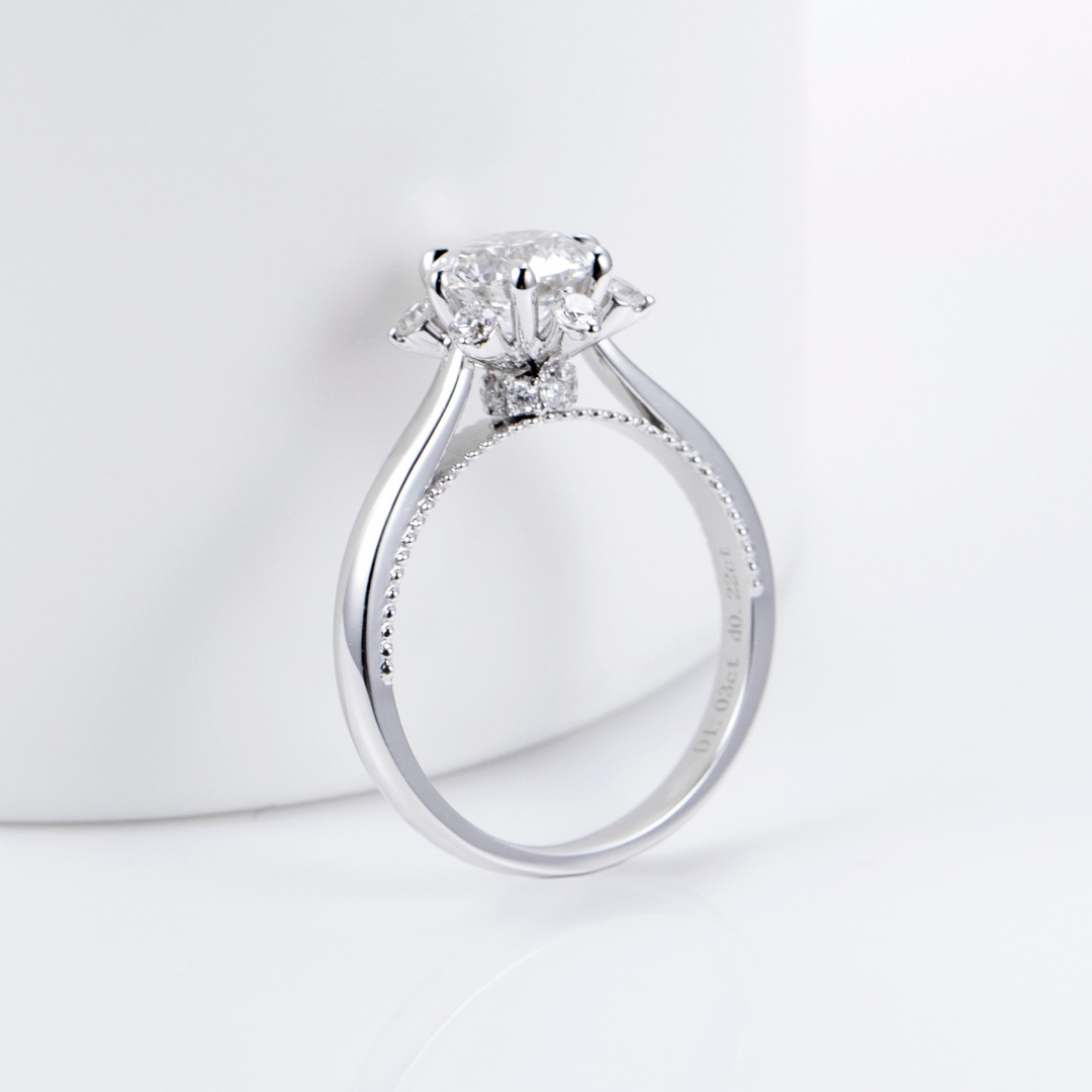 18K Gold Lab-Grown Diamond Six-Prong Engagement Ring with Round Side Stones VVS Clarity, Ideal Cut for Bride