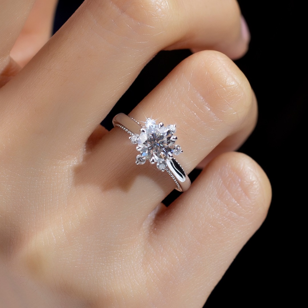 18K Gold Lab-Grown Diamond Six-Prong Engagement Ring with Round Side Stones VVS Clarity, Ideal Cut for Bride