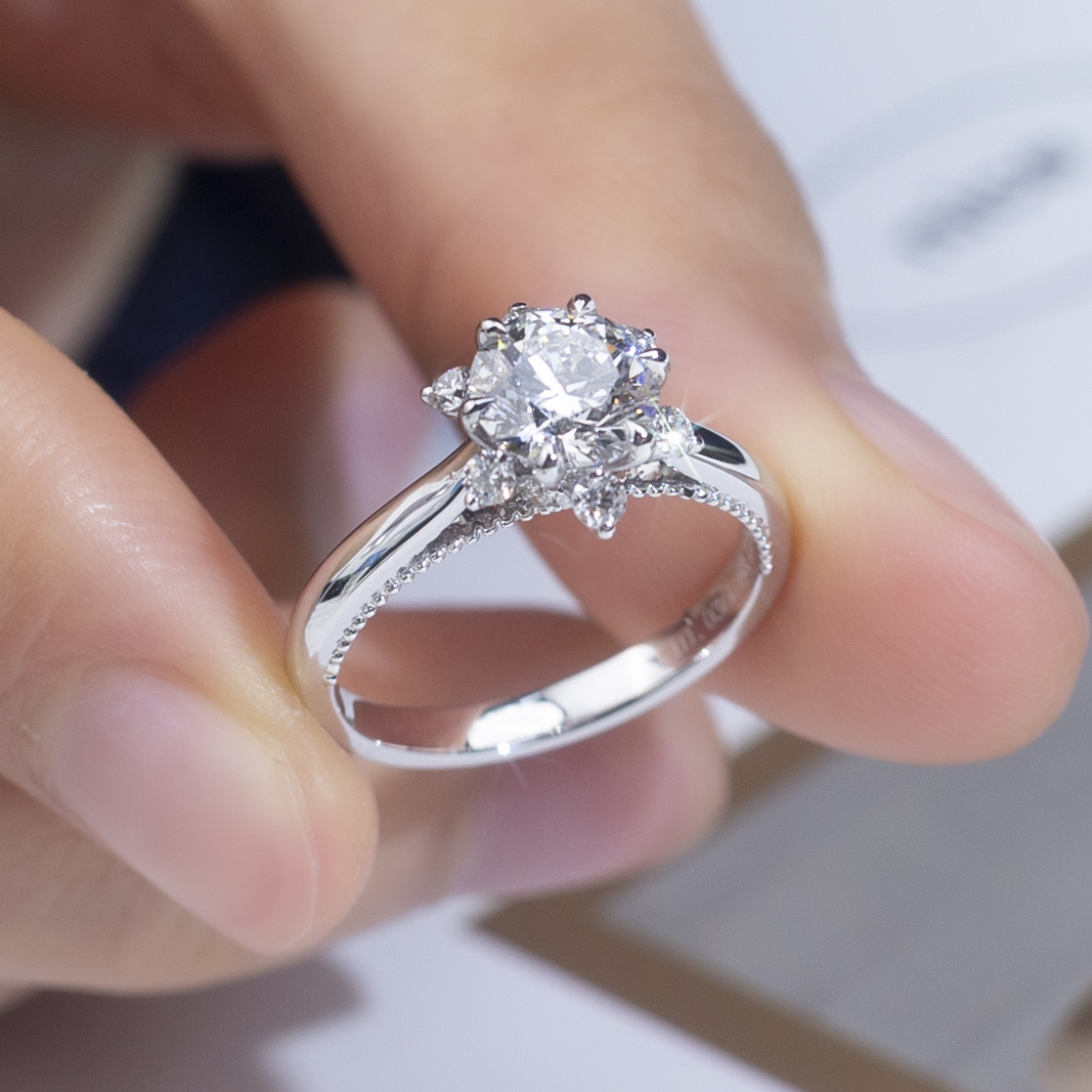 18K Gold Lab-Grown Diamond Six-Prong Engagement Ring with Round Side Stones VVS Clarity, Ideal Cut for Bride