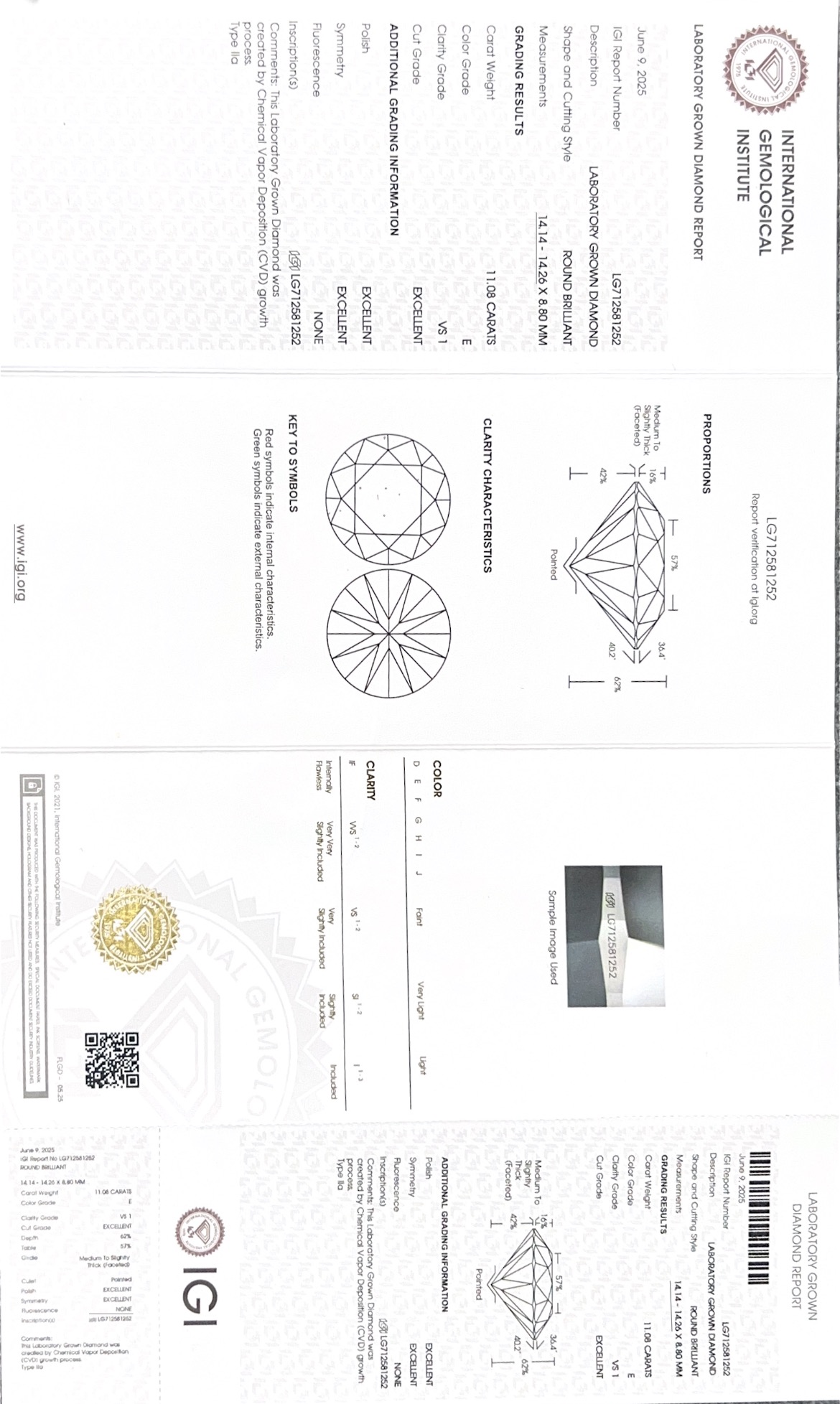 11.08 Carat CVD Lab Grown Round Diamond E Color VS1 Clarity IGI Certified Loose Gemstone