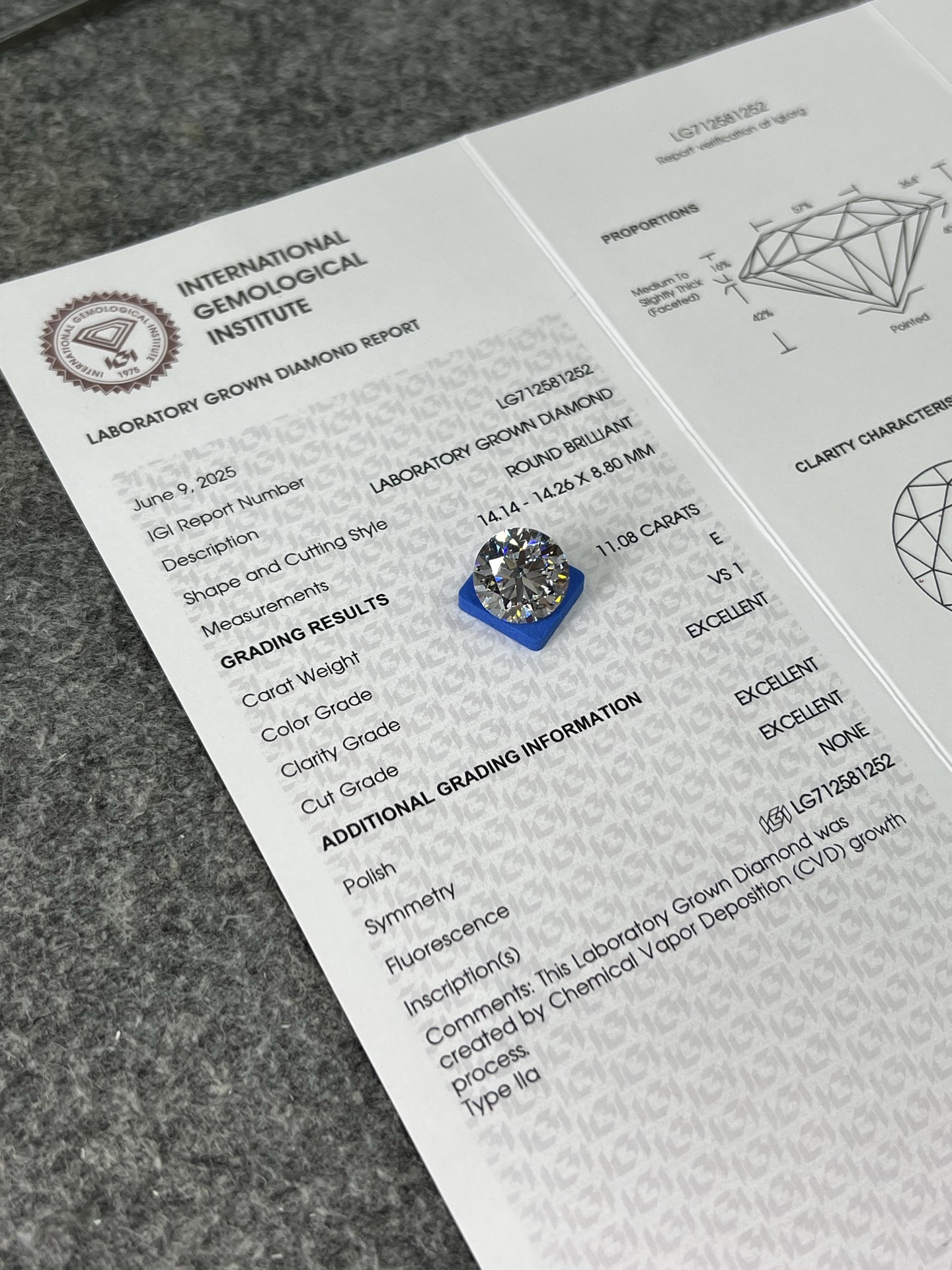 11.08 Carat CVD Lab Grown Round Diamond E Color VS1 Clarity IGI Certified Loose Gemstone