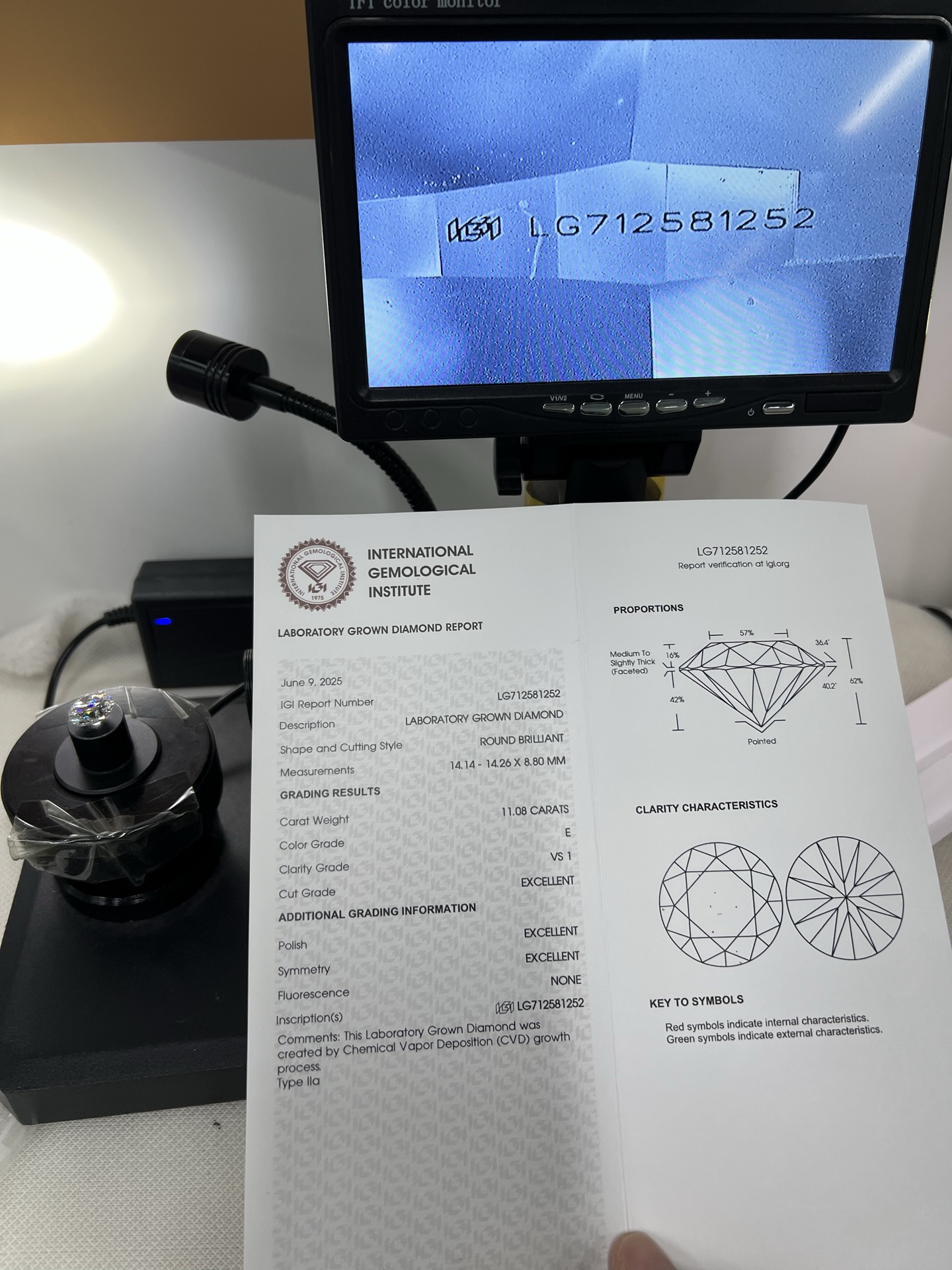 11.08 Carat CVD Lab Grown Round Diamond E Color VS1 Clarity IGI Certified Loose Gemstone