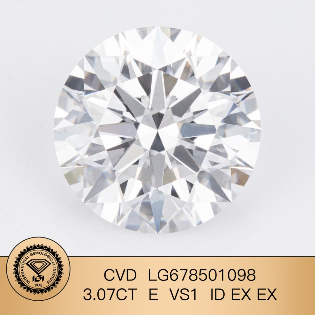 IGI Certified 3.07 Carat CVD Lab Grown Diamond Round Brilliant Cut E Color VS1 Clarity Loose Gemstone for Fine Jewelry