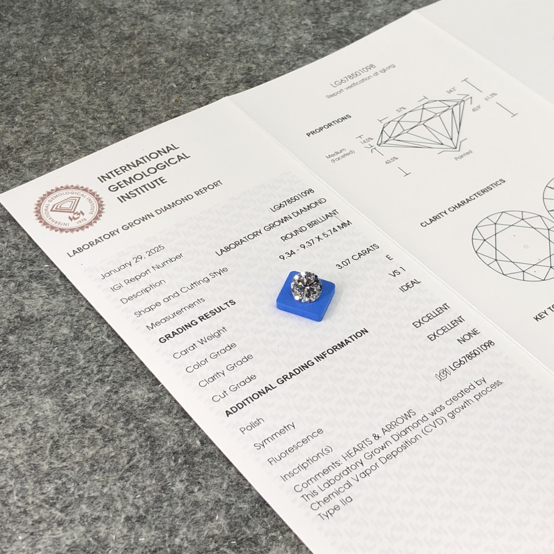 IGI Certified 3.07 Carat CVD Lab Grown Diamond Round Brilliant Cut E Color VS1 Clarity Loose Gemstone for Fine Jewelry