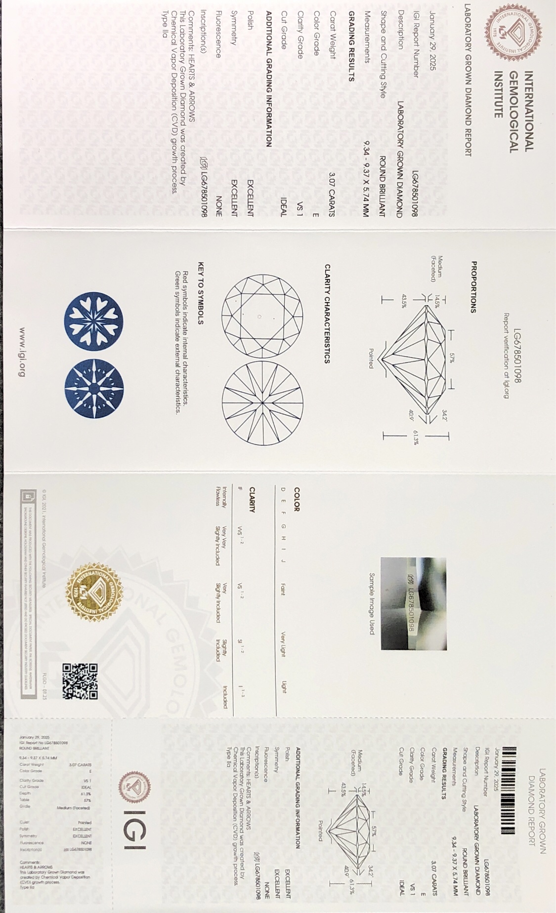 IGI Certified 3.07 Carat CVD Lab Grown Diamond Round Brilliant Cut E Color VS1 Clarity Loose Gemstone for Fine Jewelry