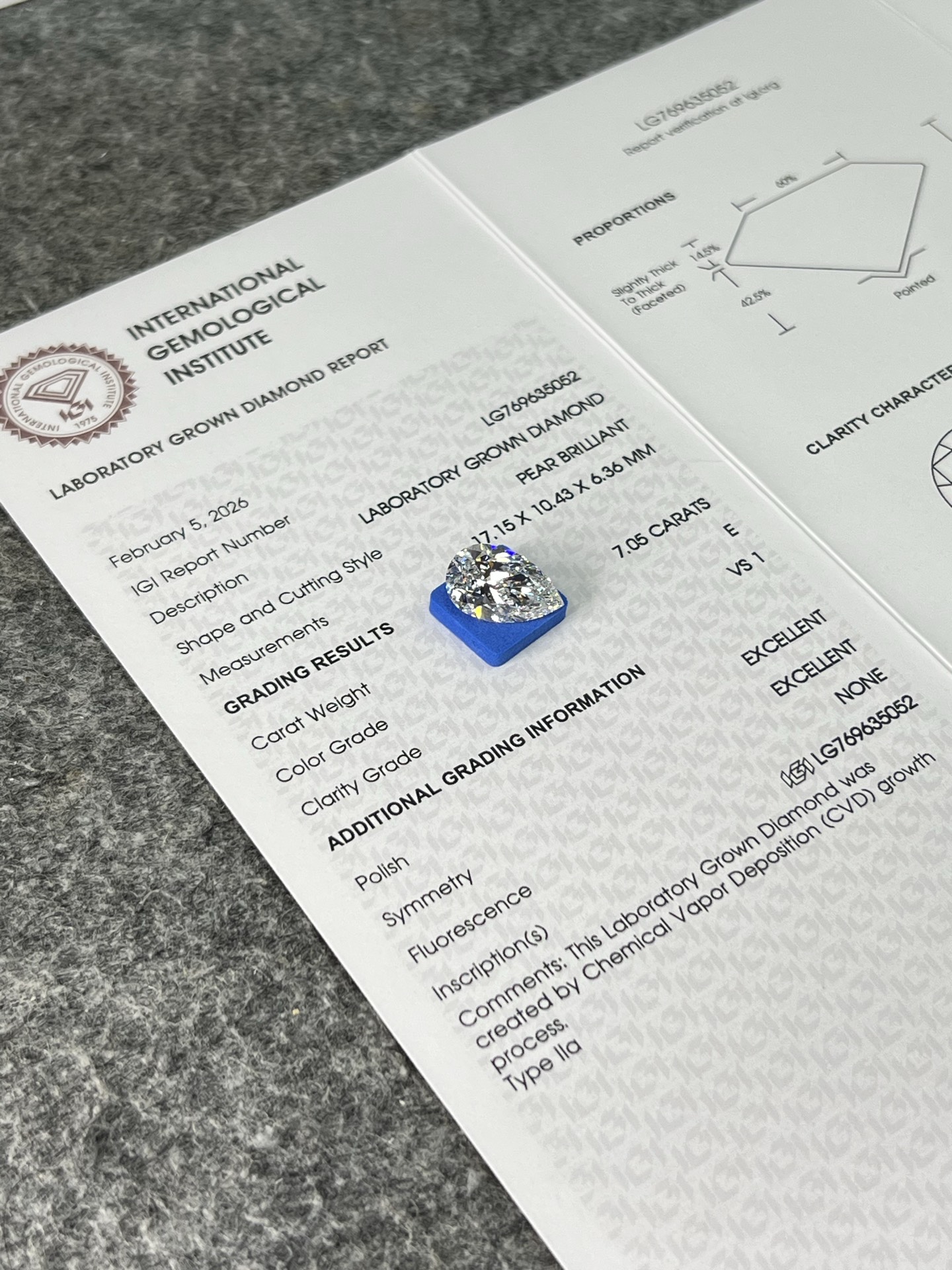 IGI Certified VS1 E Color Excellent Cut CVD Pear Shape Lab Grown Loose Diamond 7.05 Ct for Fine Jewelry